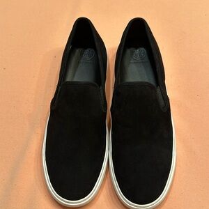 Tory Burch Black Suede Slip-On Sneakers with White Sole